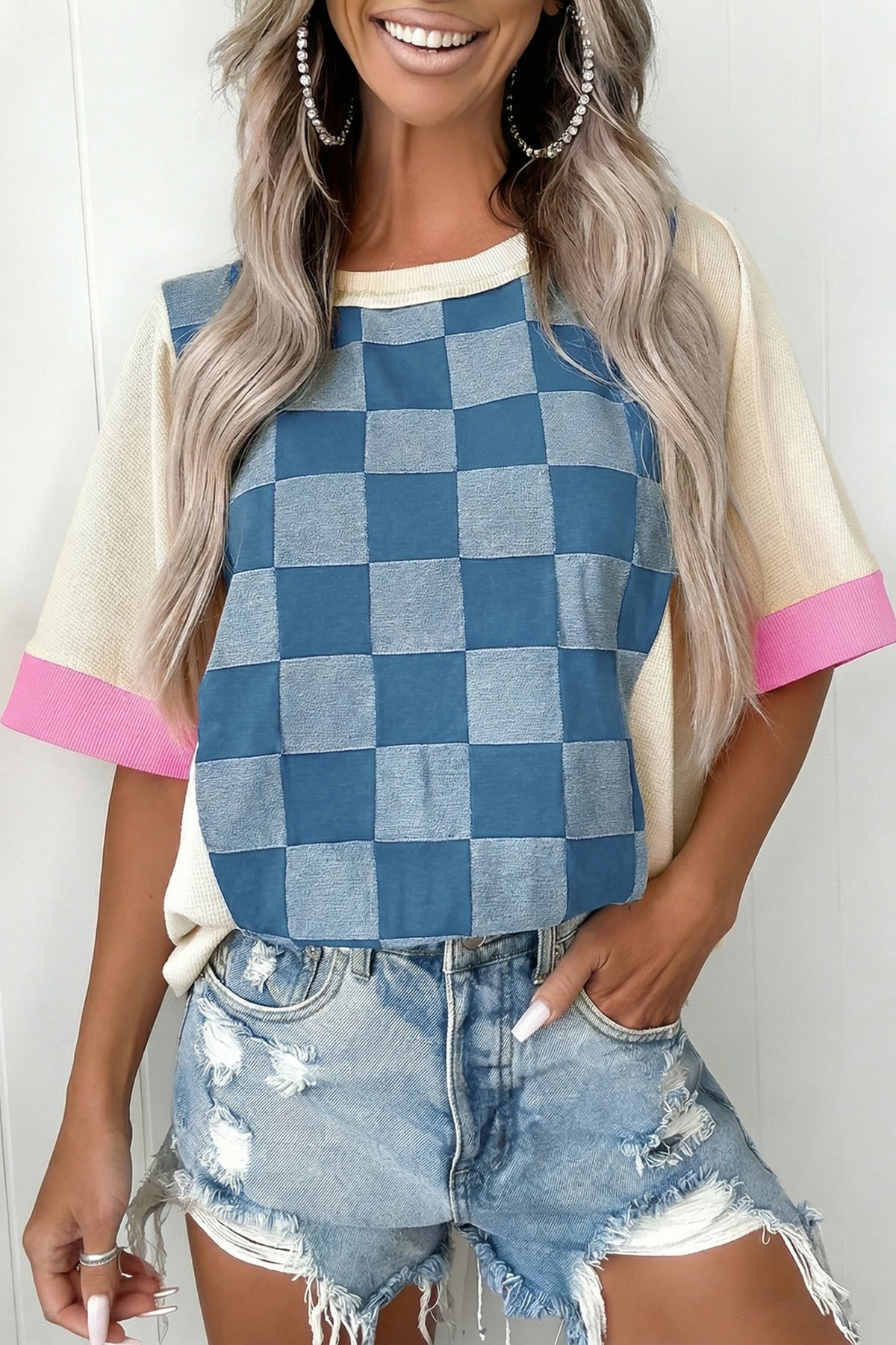 Denim Checkered Patchwork Elbow Length Short Sleeves with Pink Trim