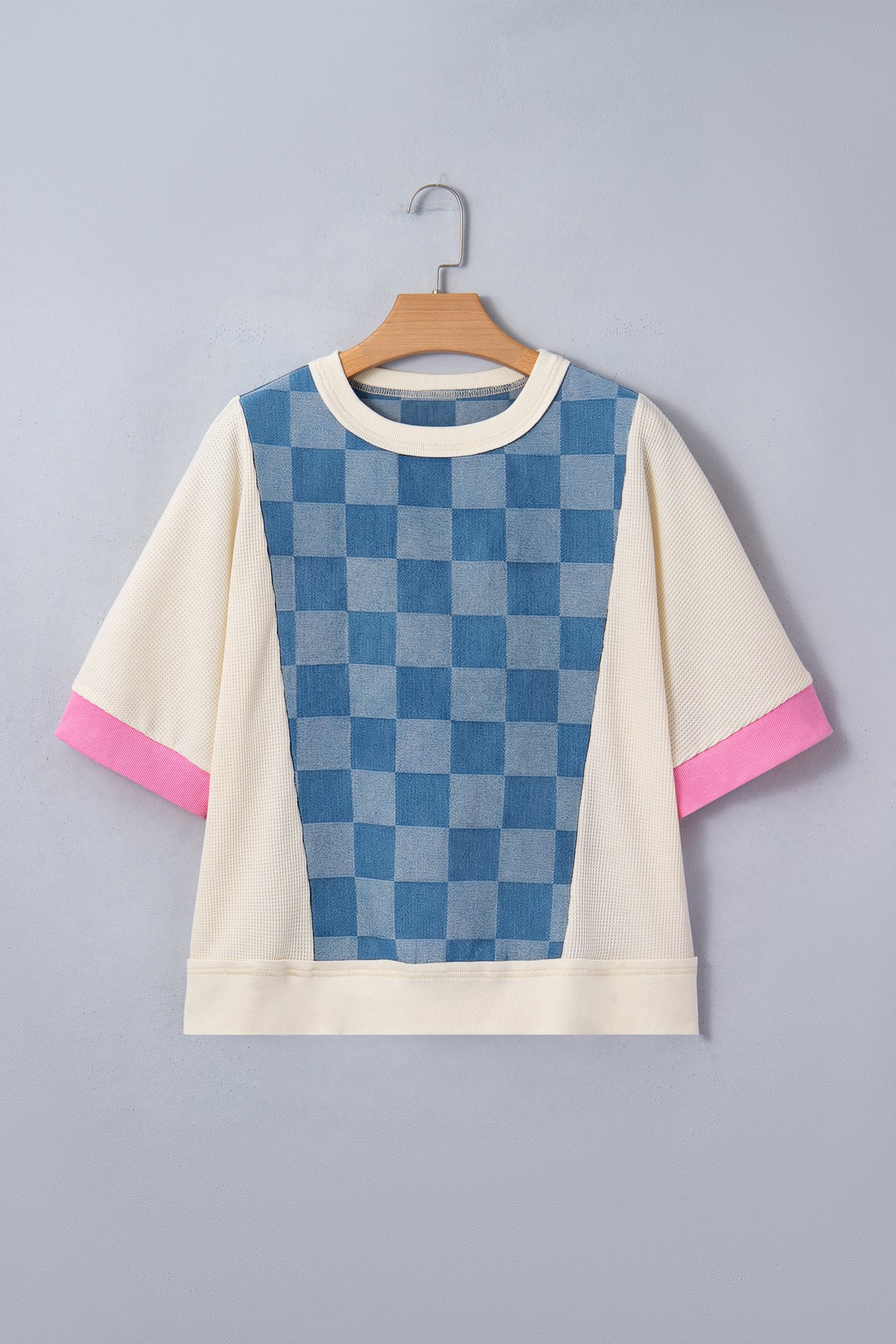 Denim Checkered Patchwork Elbow Length Short Sleeves with Pink Trim