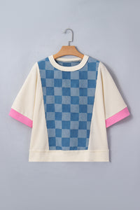 Denim Checkered Patchwork Elbow Length Short Sleeves with Pink Trim