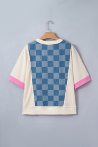 Denim Checkered Patchwork Elbow Length Short Sleeves with Pink Trim