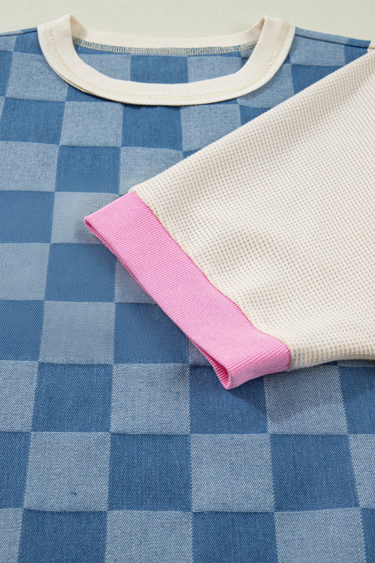 Denim Checkered Patchwork Elbow Length Short Sleeves with Pink Trim