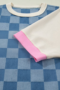 Denim Checkered Patchwork Elbow Length Short Sleeves with Pink Trim