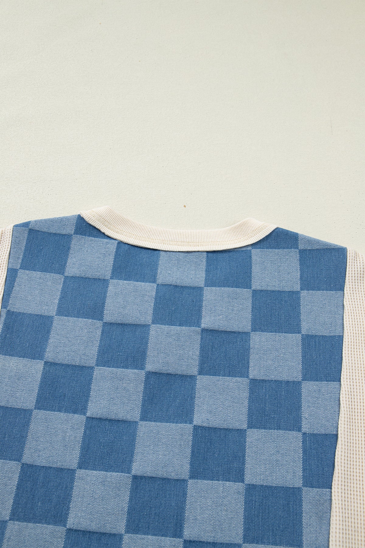 Denim Checkered Patchwork Elbow Length Short Sleeves with Pink Trim