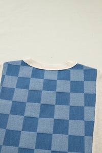 Denim Checkered Patchwork Elbow Length Short Sleeves with Pink Trim