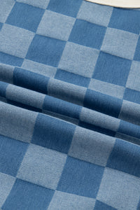 Denim Checkered Patchwork Elbow Length Short Sleeves with Pink Trim