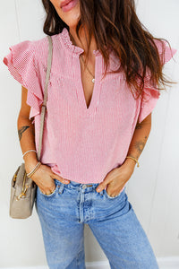 Red Stirped V-Neck Top w/Ruffled Collar & Flutter Sleeves