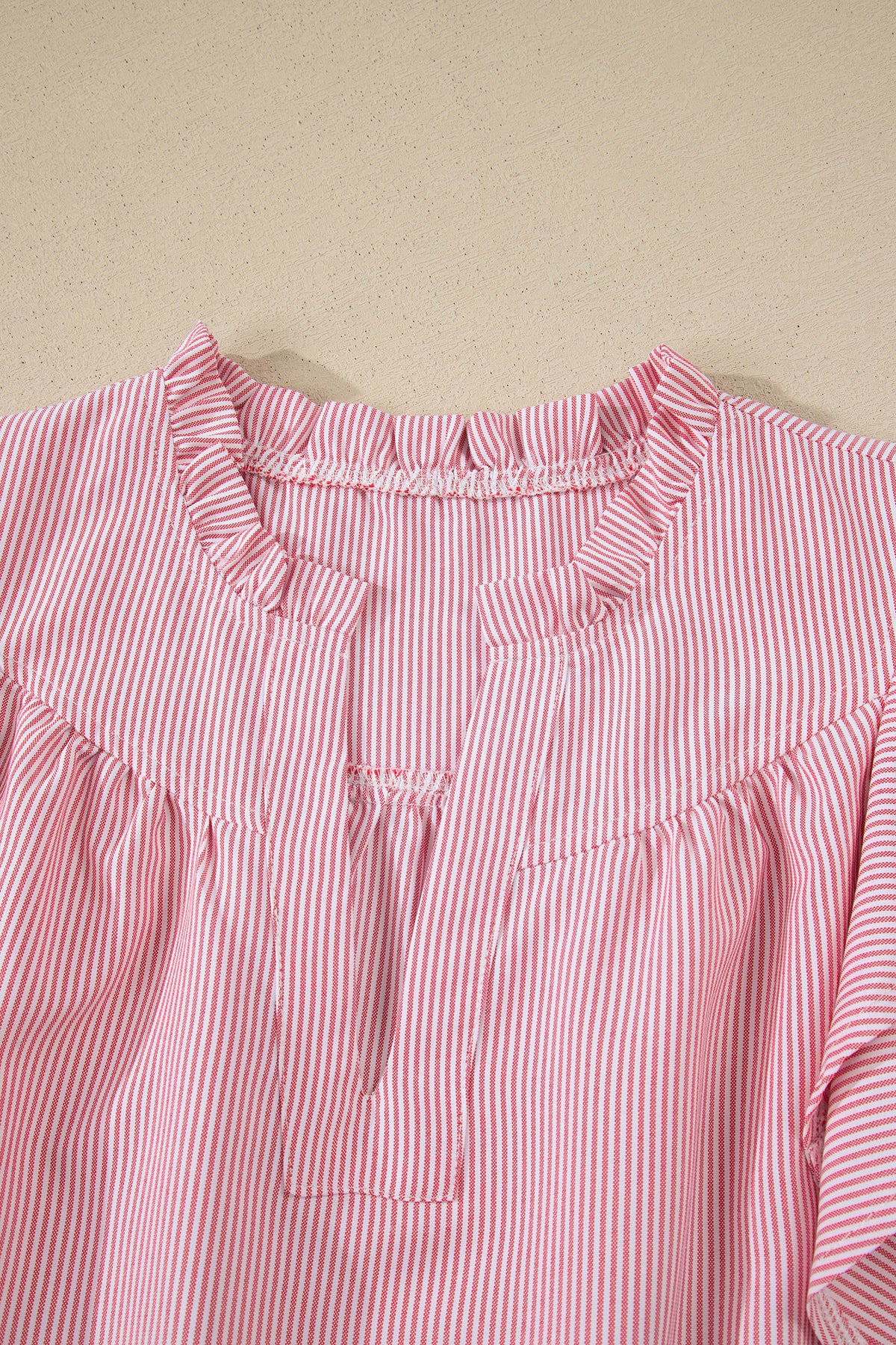 Red Stirped V-Neck Top w/Ruffled Collar & Flutter Sleeves