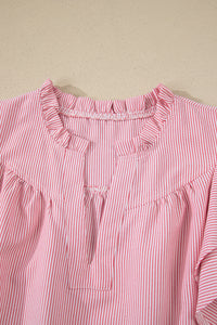 Red Stirped V-Neck Top w/Ruffled Collar & Flutter Sleeves