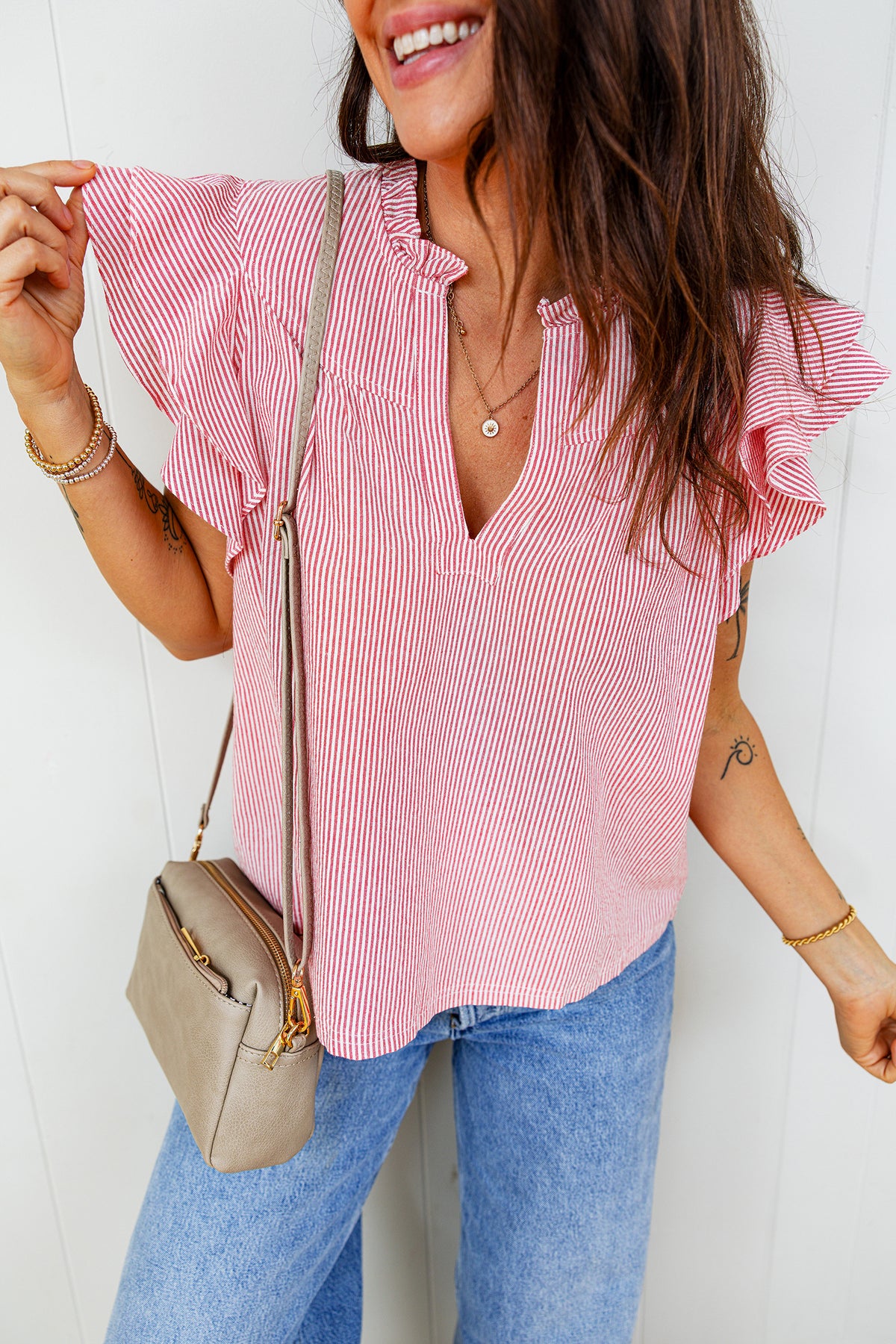 Red Stirped V-Neck Top w/Ruffled Collar & Flutter Sleeves