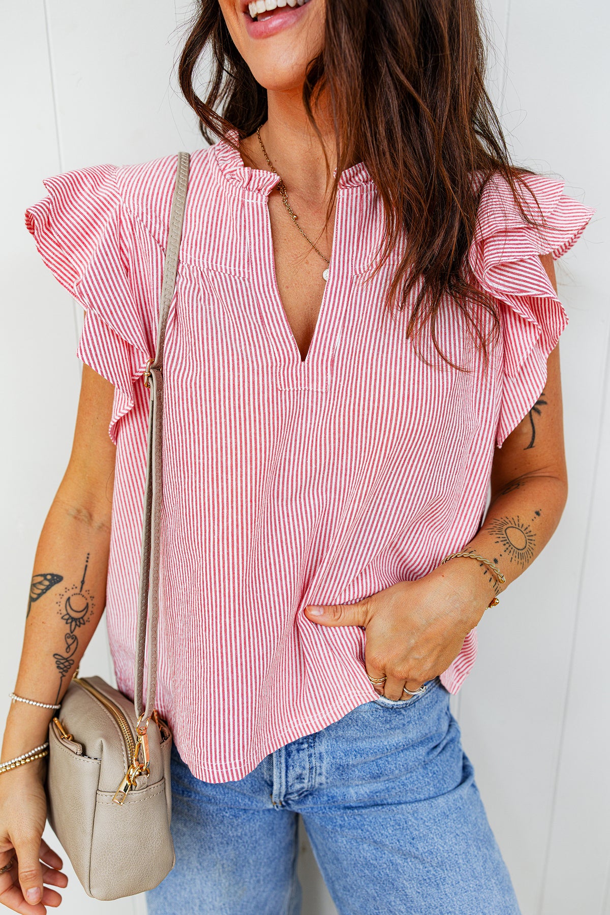 Red Stirped V-Neck Top w/Ruffled Collar & Flutter Sleeves