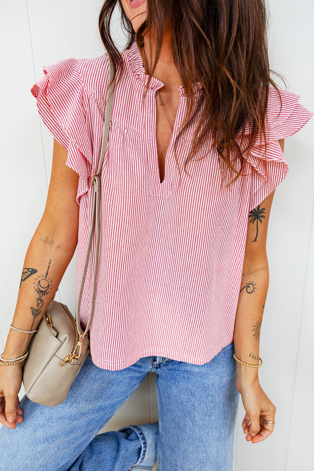 Red Stirped V-Neck Top w/Ruffled Collar & Flutter Sleeves
