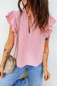 Red Stirped V-Neck Top w/Ruffled Collar & Flutter Sleeves