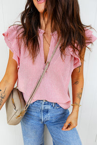 Red Stirped V-Neck Top w/Ruffled Collar & Flutter Sleeves