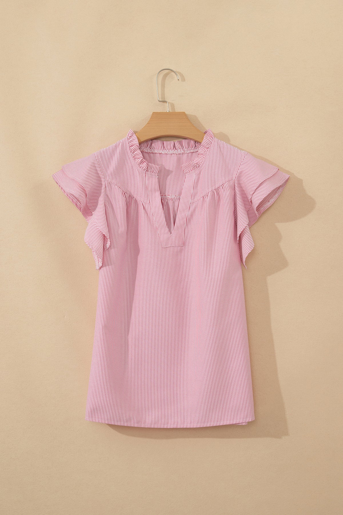 Red Stirped V-Neck Top w/Ruffled Collar & Flutter Sleeves