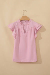 Red Stirped V-Neck Top w/Ruffled Collar & Flutter Sleeves