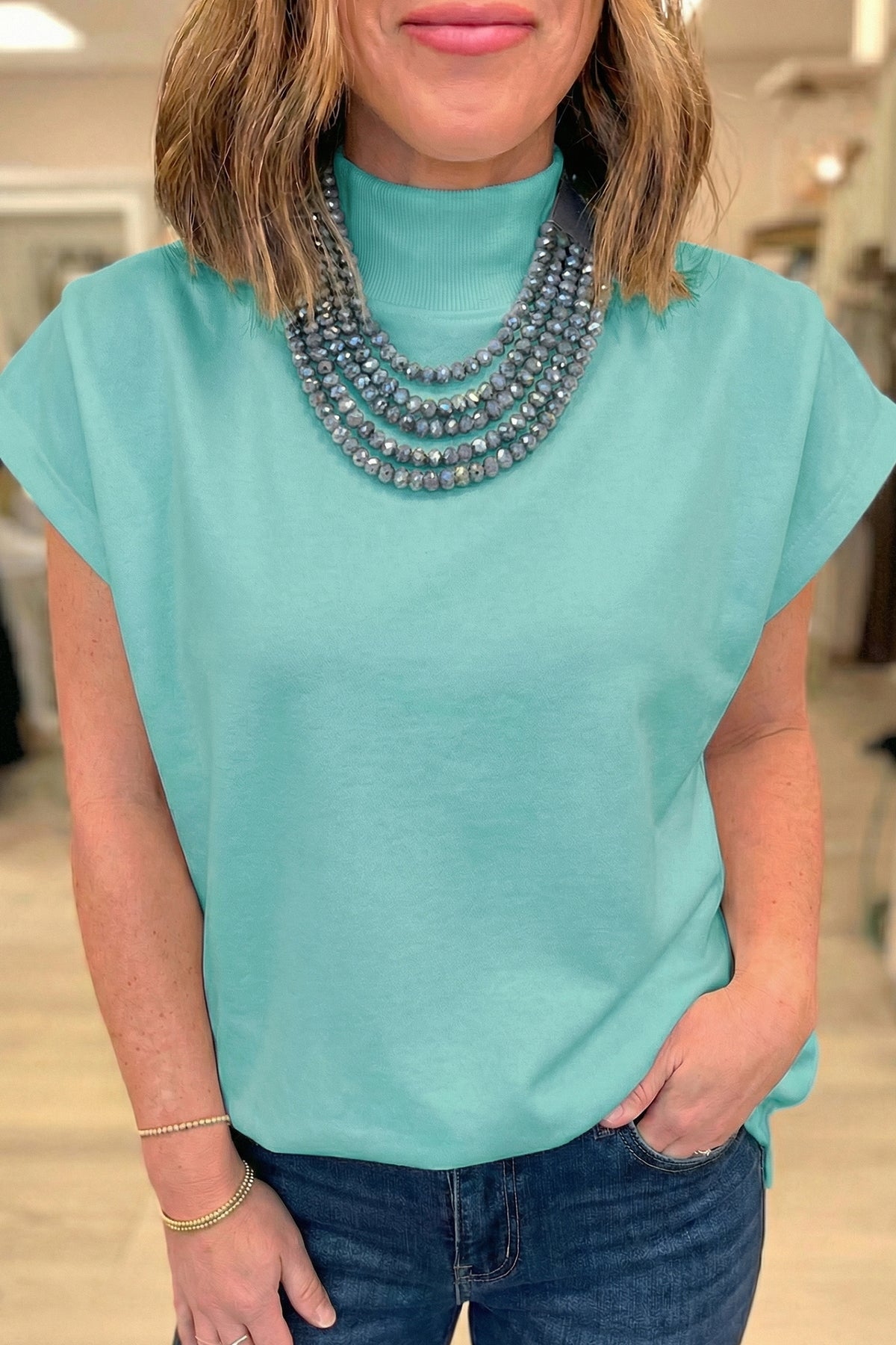 Mock Neck (Wintergreen) Cap Sleeve Lightweight Top