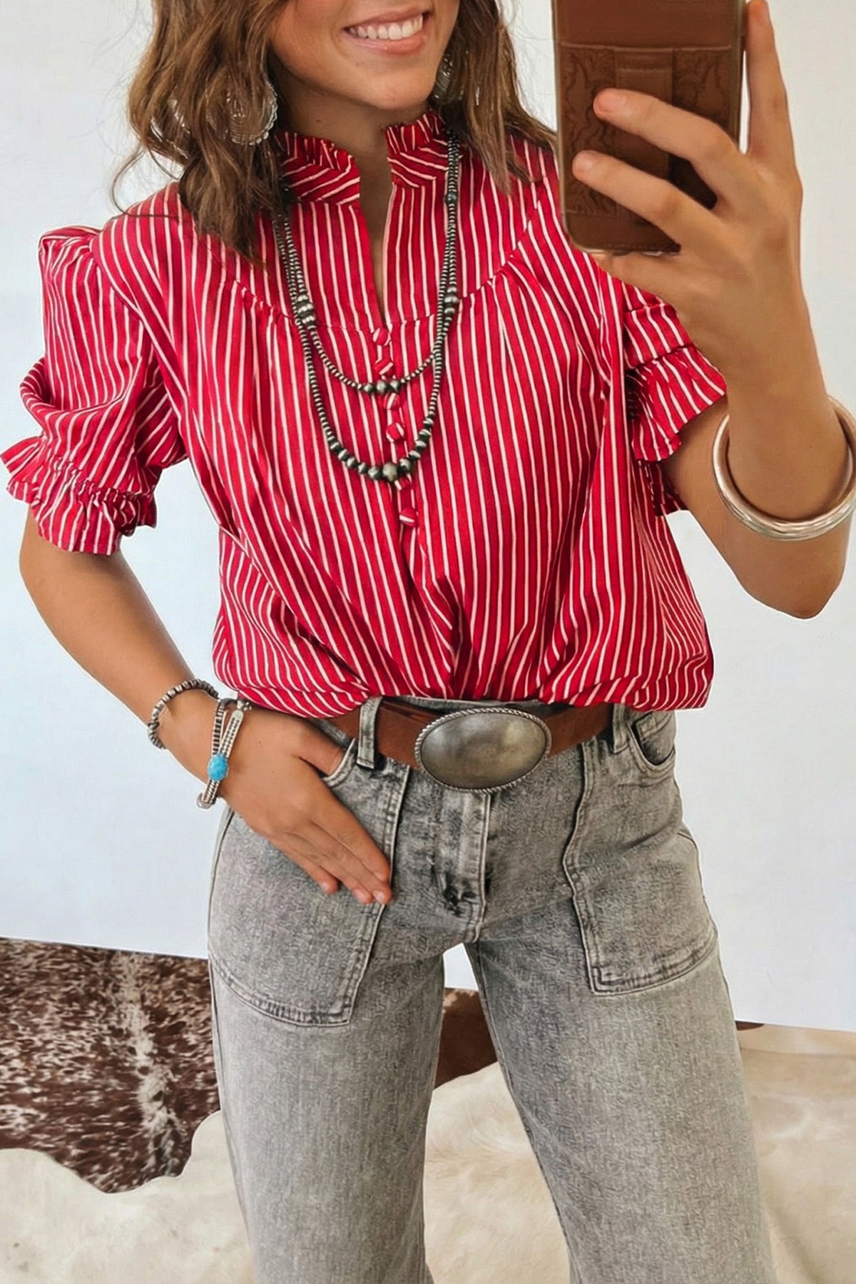 Striped (Red) Short Puff Sleeve Top w/Ruffles