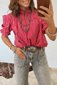 Striped (Red) Short Puff Sleeve Top w/Ruffles