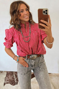 Striped (Red) Short Puff Sleeve Top w/Ruffles