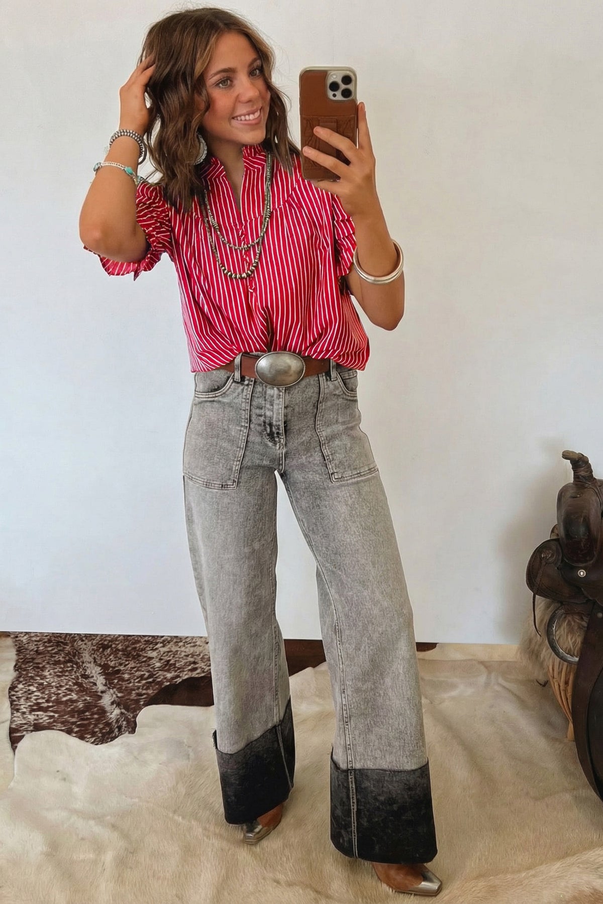 Striped (Red) Short Puff Sleeve Top w/Ruffles