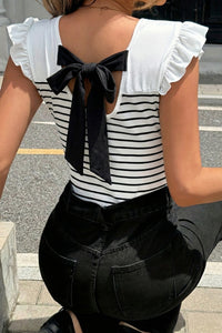 Black & White Striped Cotton Top w/ Ruffled Cap Sleeves
