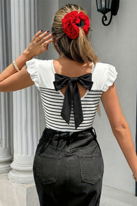 Black & White Striped Cotton Top w/ Ruffled Cap Sleeves