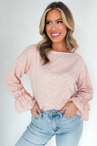 Ruffle-Sleeve Light Pink Round Neck Top