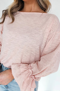 Ruffle-Sleeve Light Pink Round Neck Top