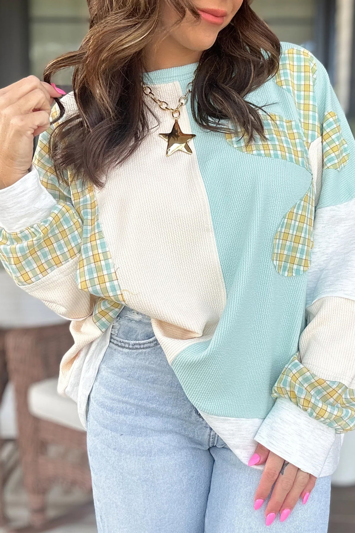 Plaid Colorblock Long Sleeve Top w/Large Patchwork Flower