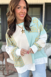 Plaid Colorblock Long Sleeve Top w/Large Patchwork Flower