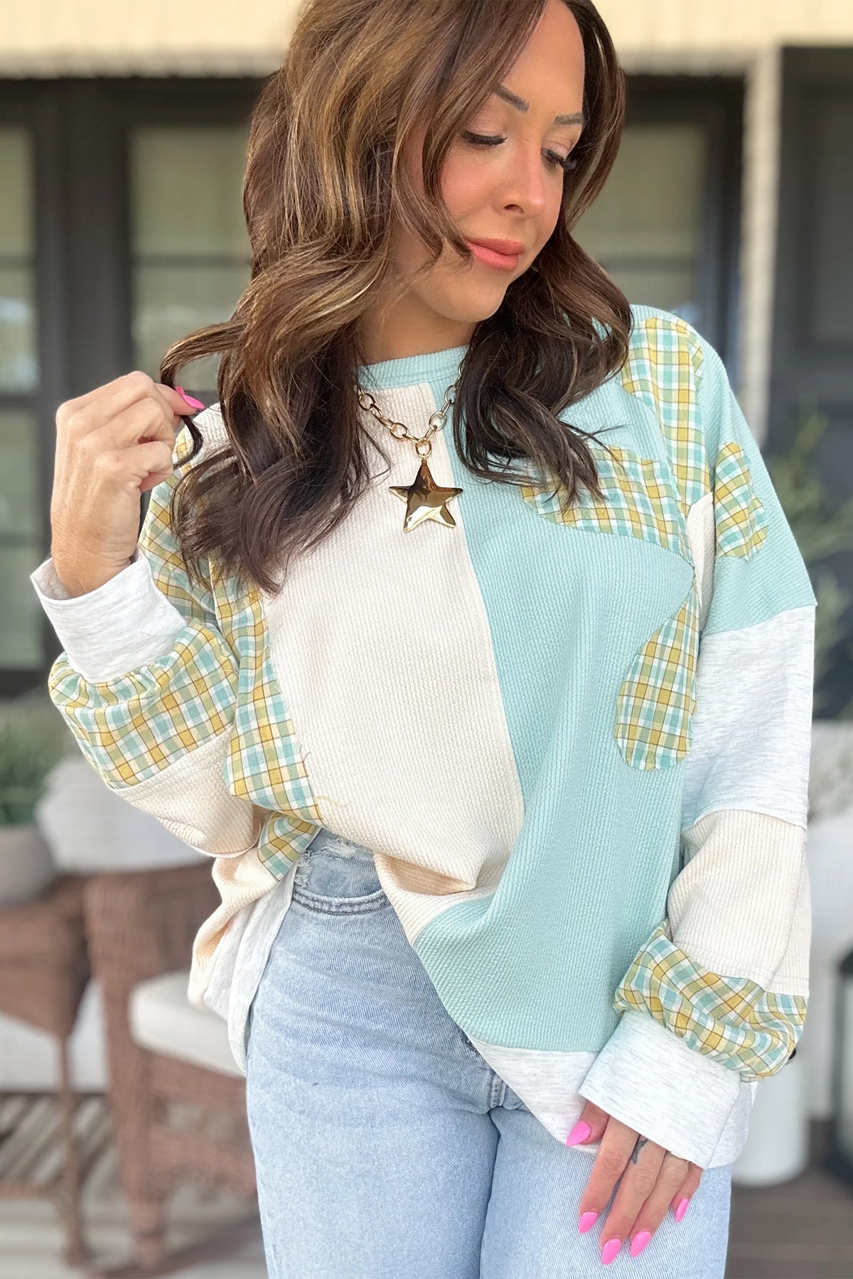 Plaid Colorblock Long Sleeve Top w/Large Patchwork Flower