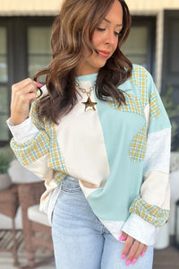 Plaid Colorblock Long Sleeve Top w/Large Patchwork Flower