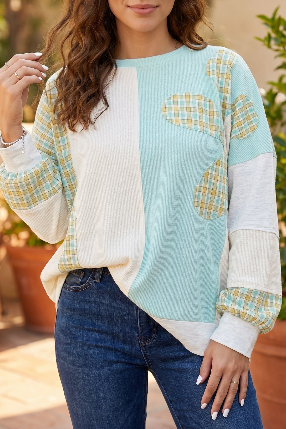 Plaid Colorblock Long Sleeve Top w/Large Patchwork Flower