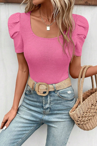 Bold Pink Waffle Knit Ruched, Puff-Sleeve Top