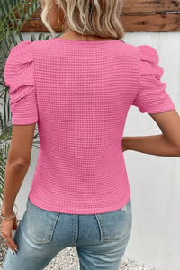 Bold Pink Waffle Knit Ruched, Puff-Sleeve Top