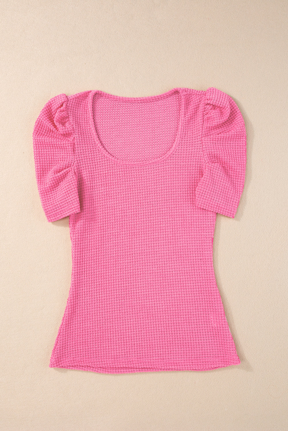 Bold Pink Waffle Knit Ruched, Puff-Sleeve Top