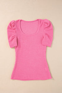 Bold Pink Waffle Knit Ruched, Puff-Sleeve Top