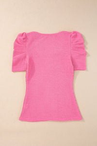 Bold Pink Waffle Knit Ruched, Puff-Sleeve Top