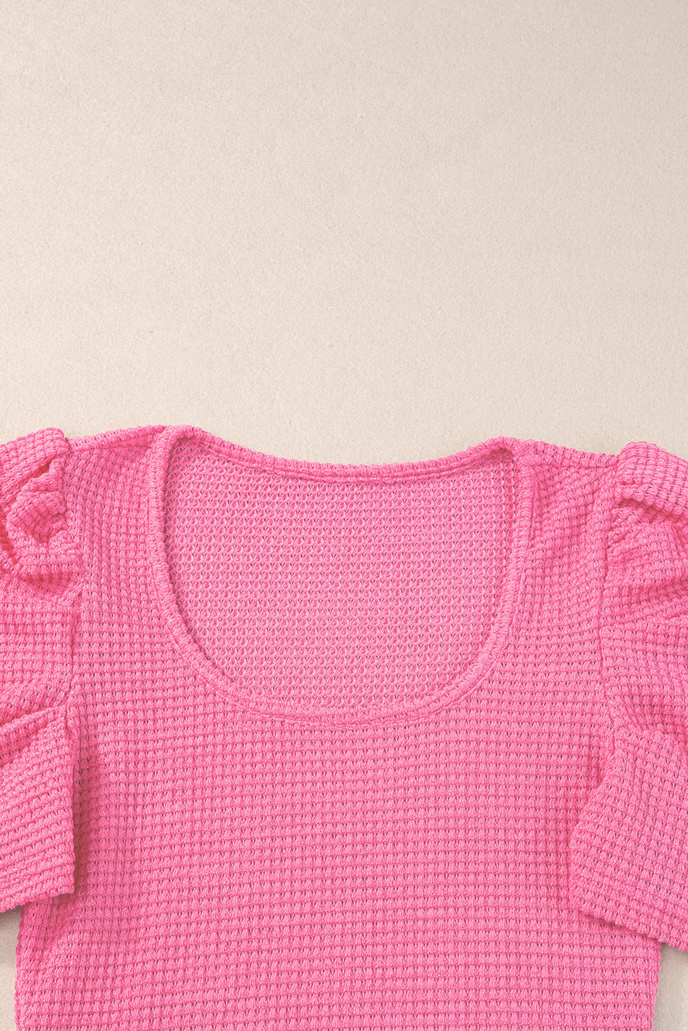 Bold Pink Waffle Knit Ruched, Puff-Sleeve Top