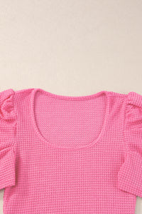 Bold Pink Waffle Knit Ruched, Puff-Sleeve Top
