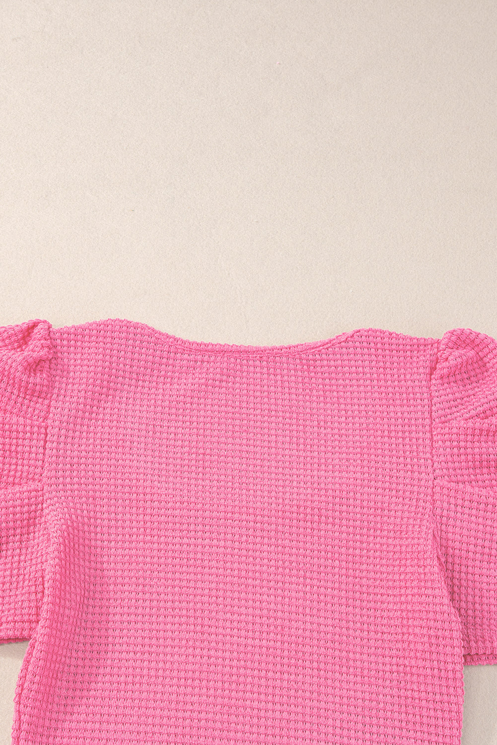Bold Pink Waffle Knit Ruched, Puff-Sleeve Top