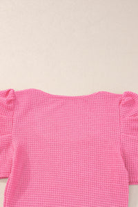 Bold Pink Waffle Knit Ruched, Puff-Sleeve Top