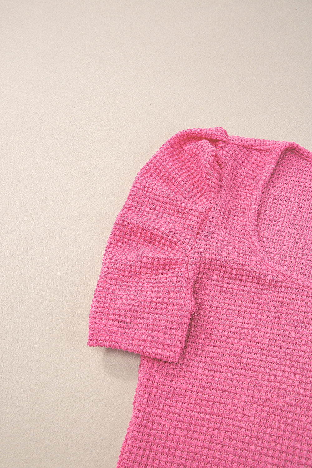Bold Pink Waffle Knit Ruched, Puff-Sleeve Top