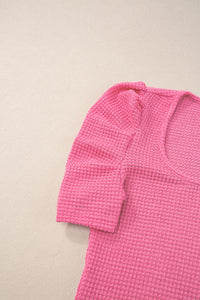 Bold Pink Waffle Knit Ruched, Puff-Sleeve Top