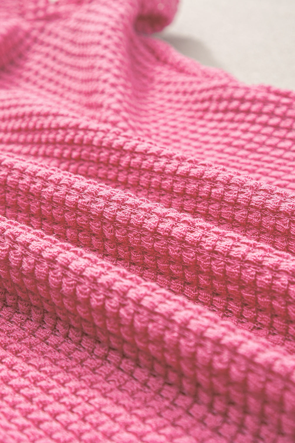 Bold Pink Waffle Knit Ruched, Puff-Sleeve Top