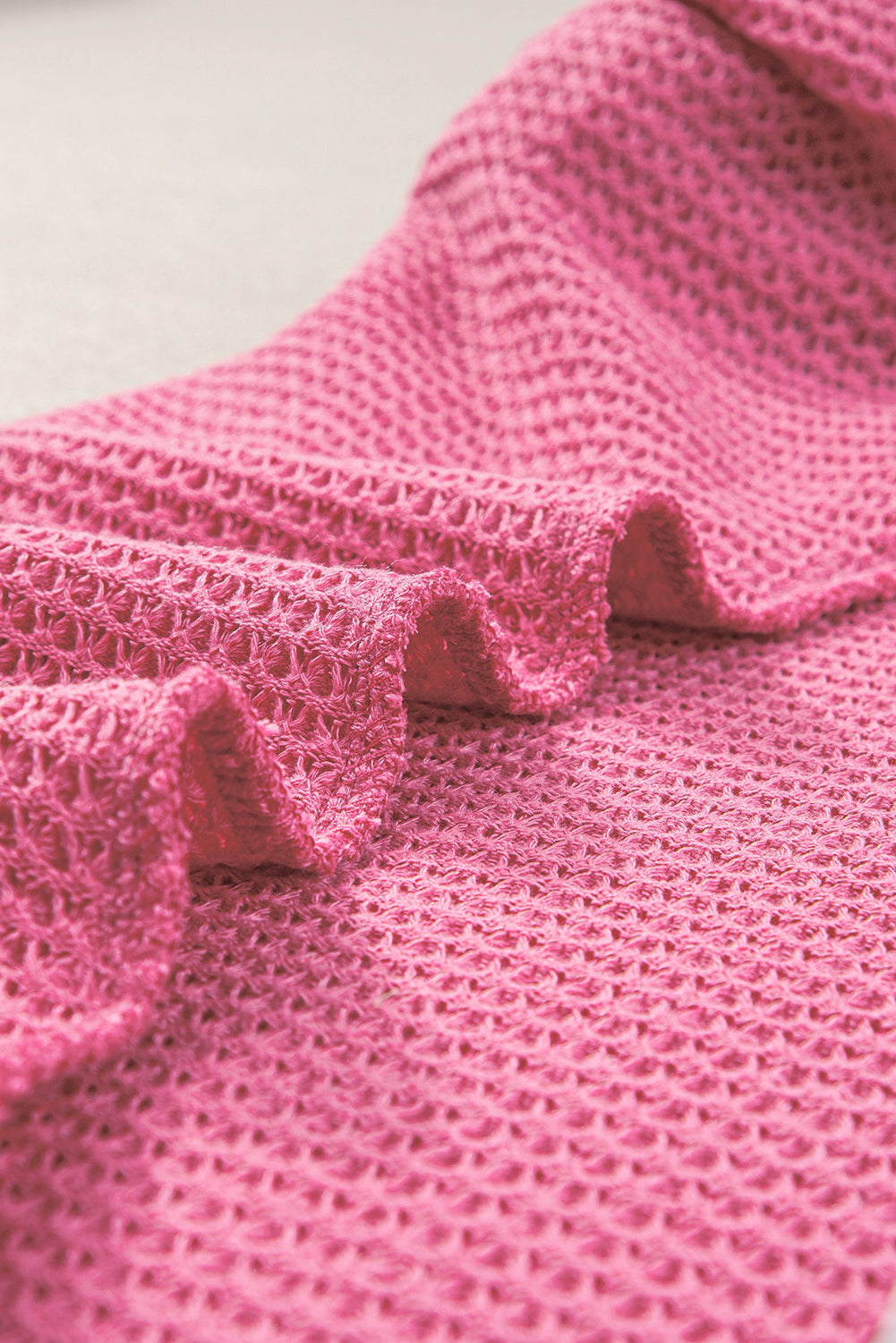 Bold Pink Waffle Knit Ruched, Puff-Sleeve Top