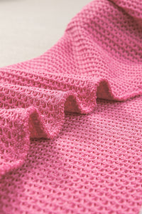 Bold Pink Waffle Knit Ruched, Puff-Sleeve Top