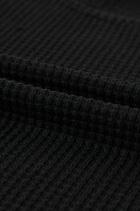 Black Waffle Knit Ruched, Puff-Sleeve Top