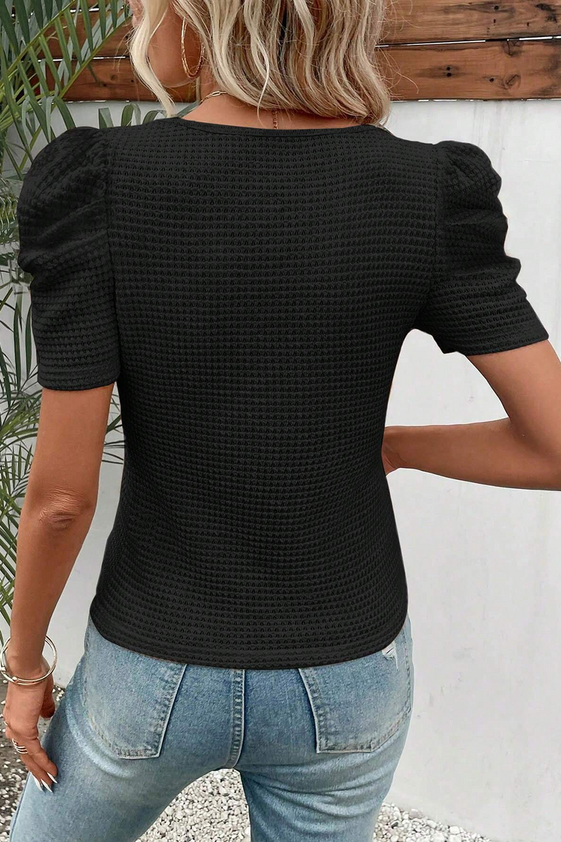 Black Waffle Knit Ruched, Puff-Sleeve Top