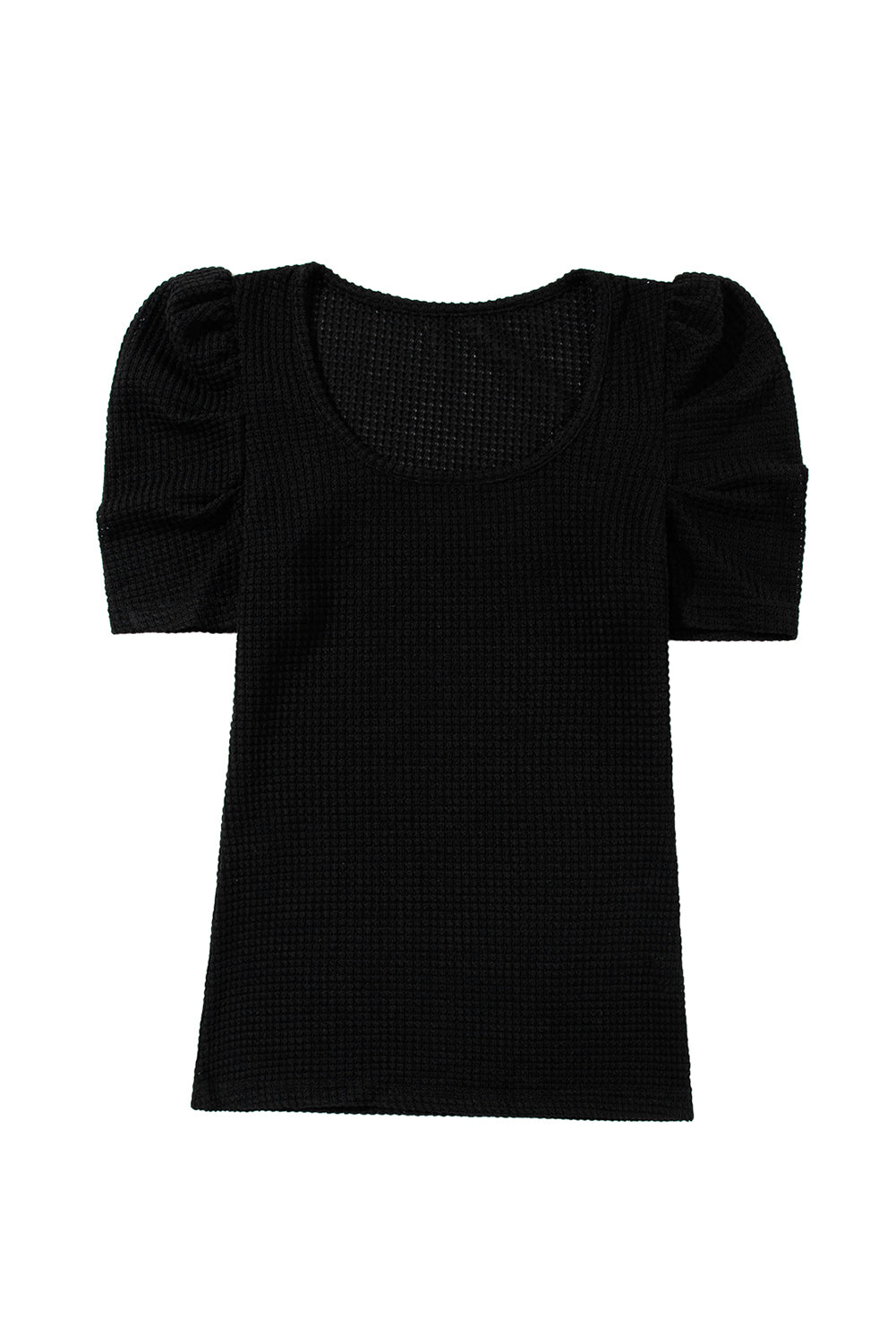 Black Waffle Knit Ruched, Puff-Sleeve Top